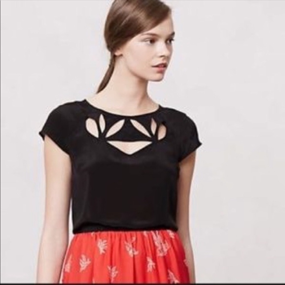 Anthropologie Black Cutout Cap-Sleeve Blouse